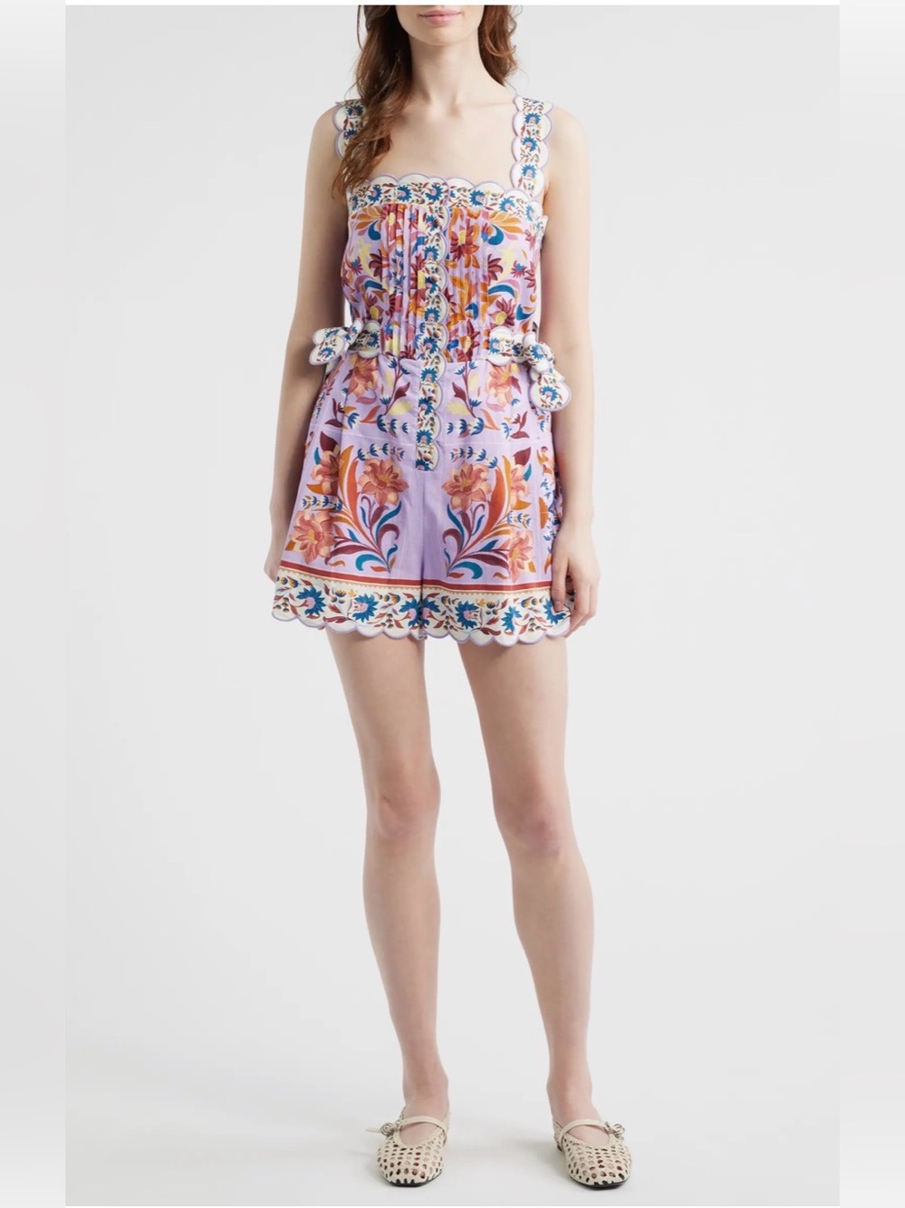 FARM Rio Lavender Floral Embroidered Romper with Orange & Teal Accents